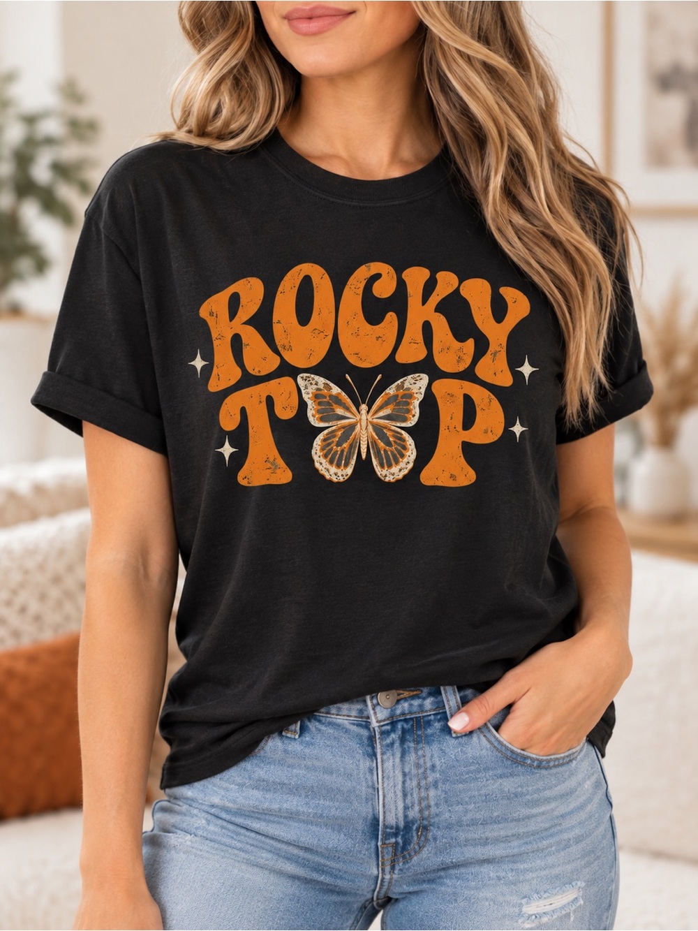 Rocky Top Shirt Butterfly Graphic Tennessee Game Day Graphic Tee Gildan Black